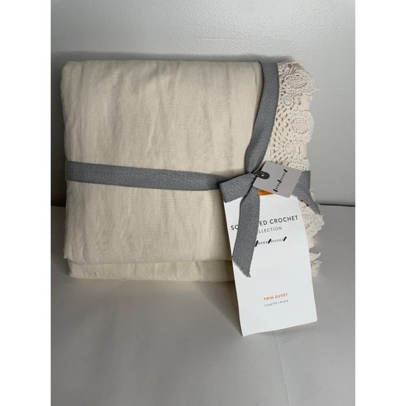 NWT Anthropologie Cream Scalloped Crochet Twin Duvet Cover Linen Cotton - Picture 4 of 7